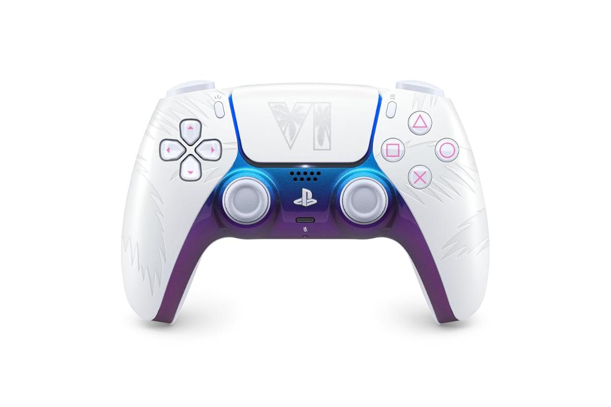 Weißer DualSense-Controller der Grand Theft Auto VI Limited Edition mit violett-blauem Farbverlauf