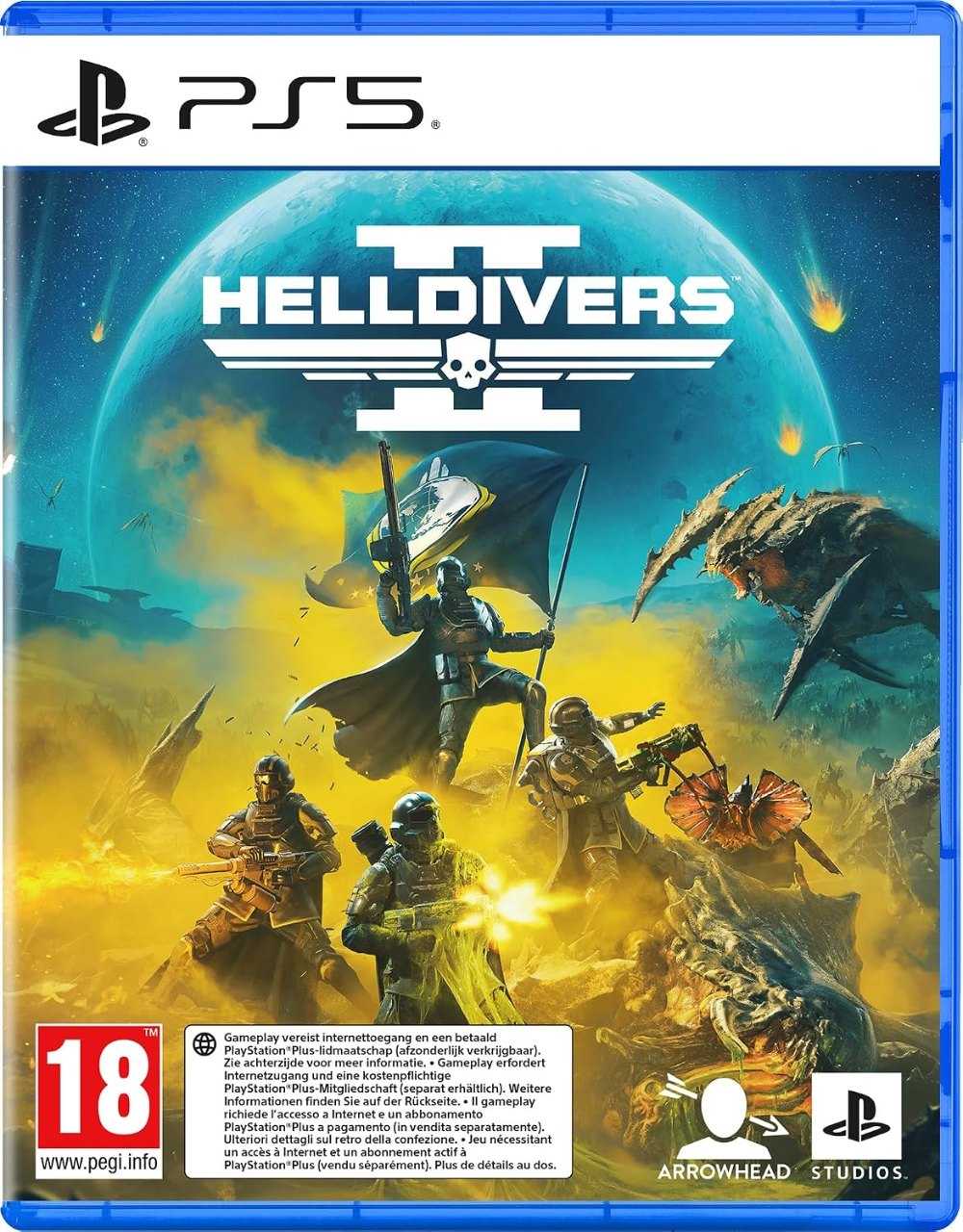 Verpackung von Helldivers 2 für PS5 mit Helldivern im Kampf und PEGI-18-Kennzeichnung