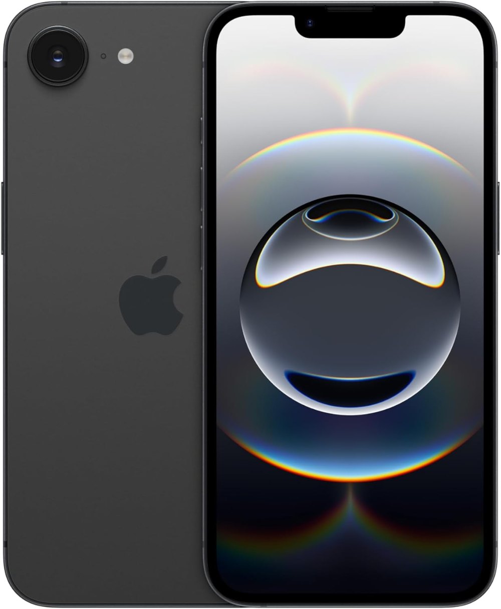 Apple iPhone 16e in Schwarz mit Vorder- und Rückseite, Kamera mit einer Linse