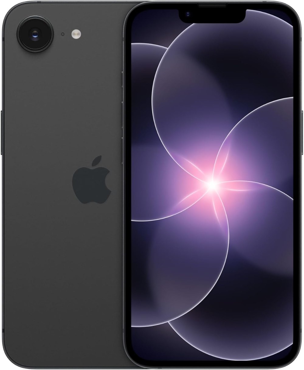 Apple iPhone 17e in Schwarz, Vorder- und Rückseite mit farbigem Display-Hintergrund