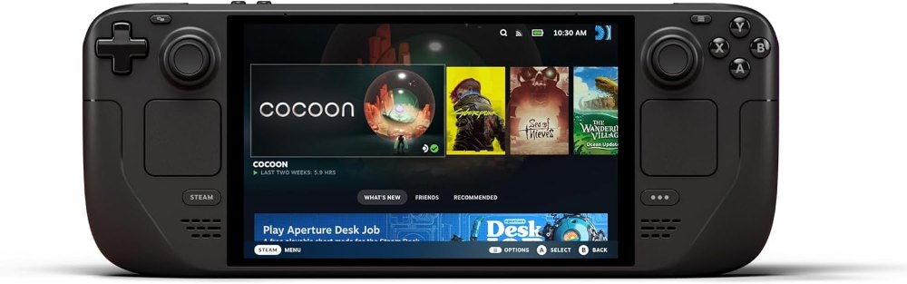 Valve Steam Deck OLED von vorn mit eingeschaltetem 7,4-Zoll-Display und Steam-Bibliothek