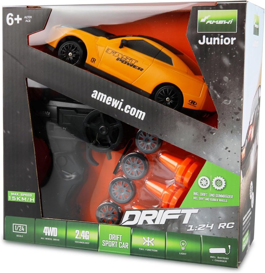 Amewi Drift Sport Car 1:24 in Gelb in der Verpackung mit Fernsteuerung