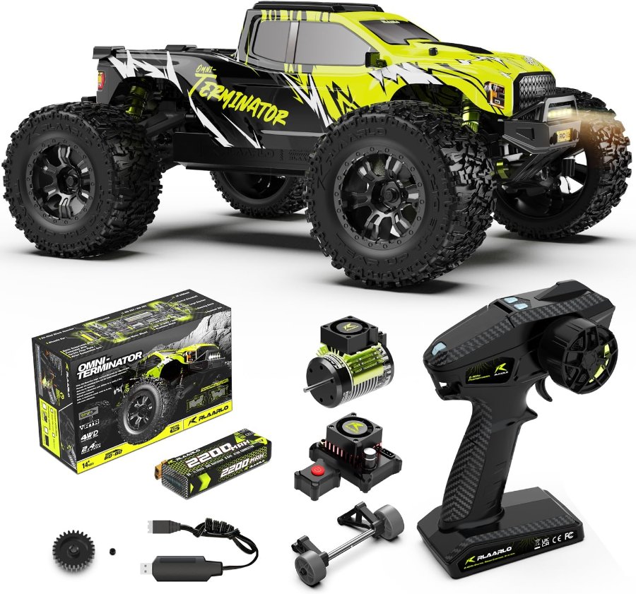 Gelb-schwarzer AMORIL 1/10 Brushless-Monstertruck mit Verpackung, Motor, Regler, 2.200-mAh-Akku, Ladekabel und Fernsteuerung