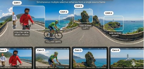 Aus einer 360°-Aufnahme werden vier Kameraperspektiven: Follow, Side Scene, Top