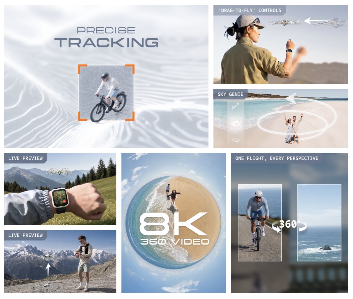 Feature-Collage des Follow-Me-Bundles: Precise Tracking, Drag-to-Fly, Sky Genie, Live Preview, 8K 360