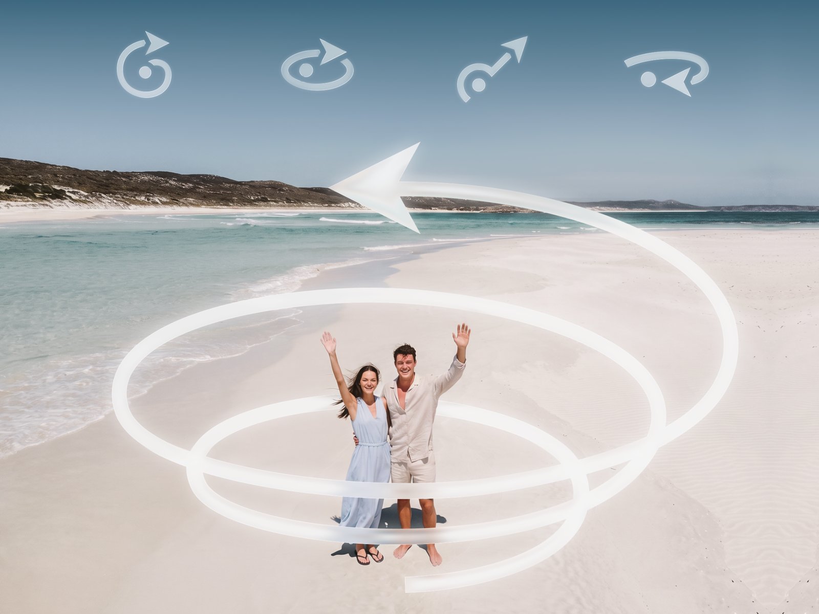 Sky-Genie-Flugbahn um ein Paar am Strand mit Symbolen für Orbit, Fly Away und Spiral