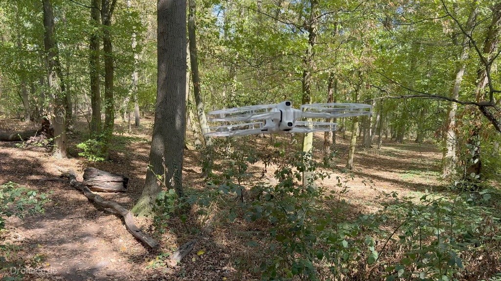 Antigravity A1 fliegt mit Propellerschutz zwischen Baumstämmen im Wald