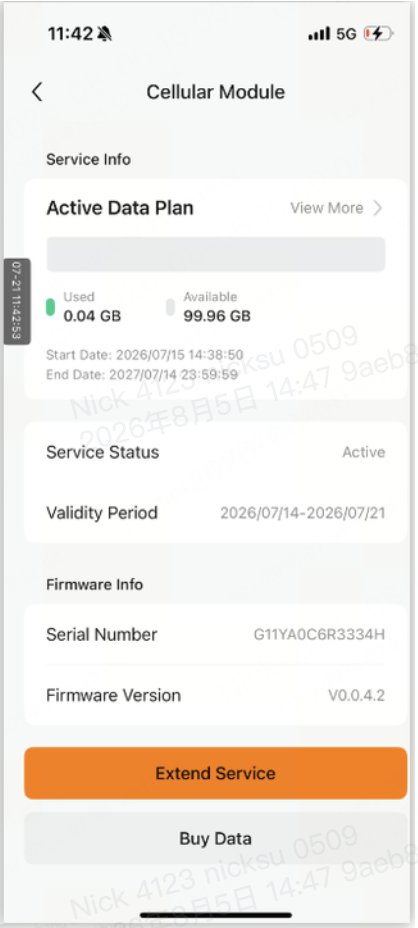 Antigravity-App: Detailseite des 4G-Mobilfunkmoduls mit aktivem Datentarif