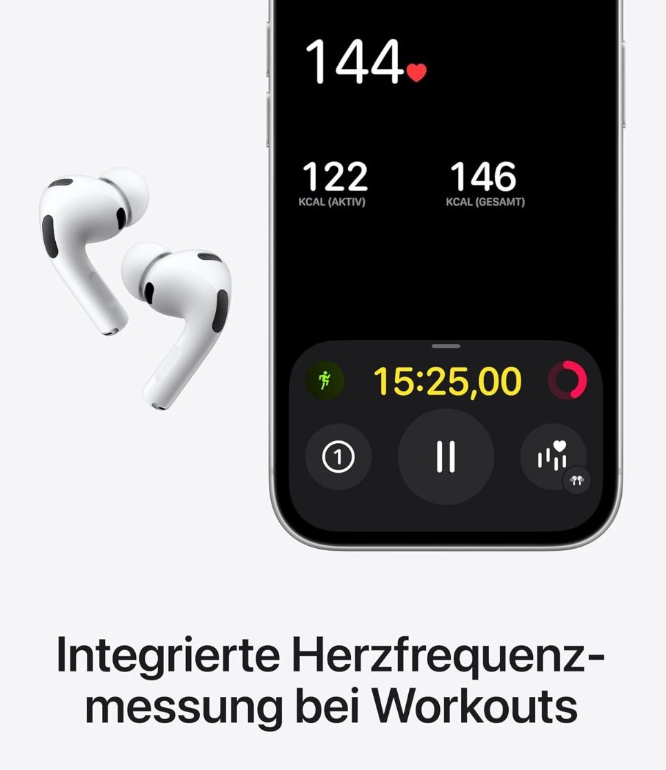 AirPods Pro 3 neben einem iPhone, das während eines Workouts die Herzfrequenz anzeigt