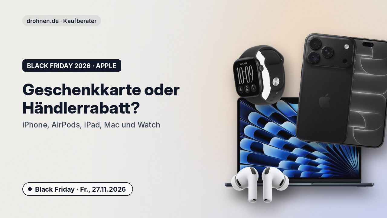 Grafik zum drohnen.de-Kaufberater: Apple am Black Friday 2026 – iPhone, AirPods, iPad, Mac und Watch, mit Produktbildern
