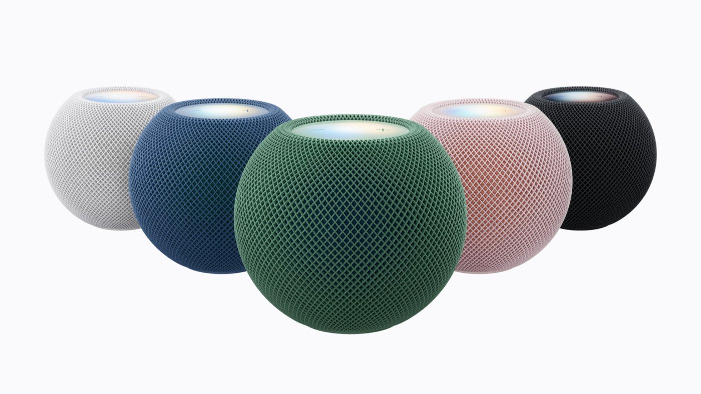 Apple HomePod mini der zweiten Generation in fünf Farben nebeneinander