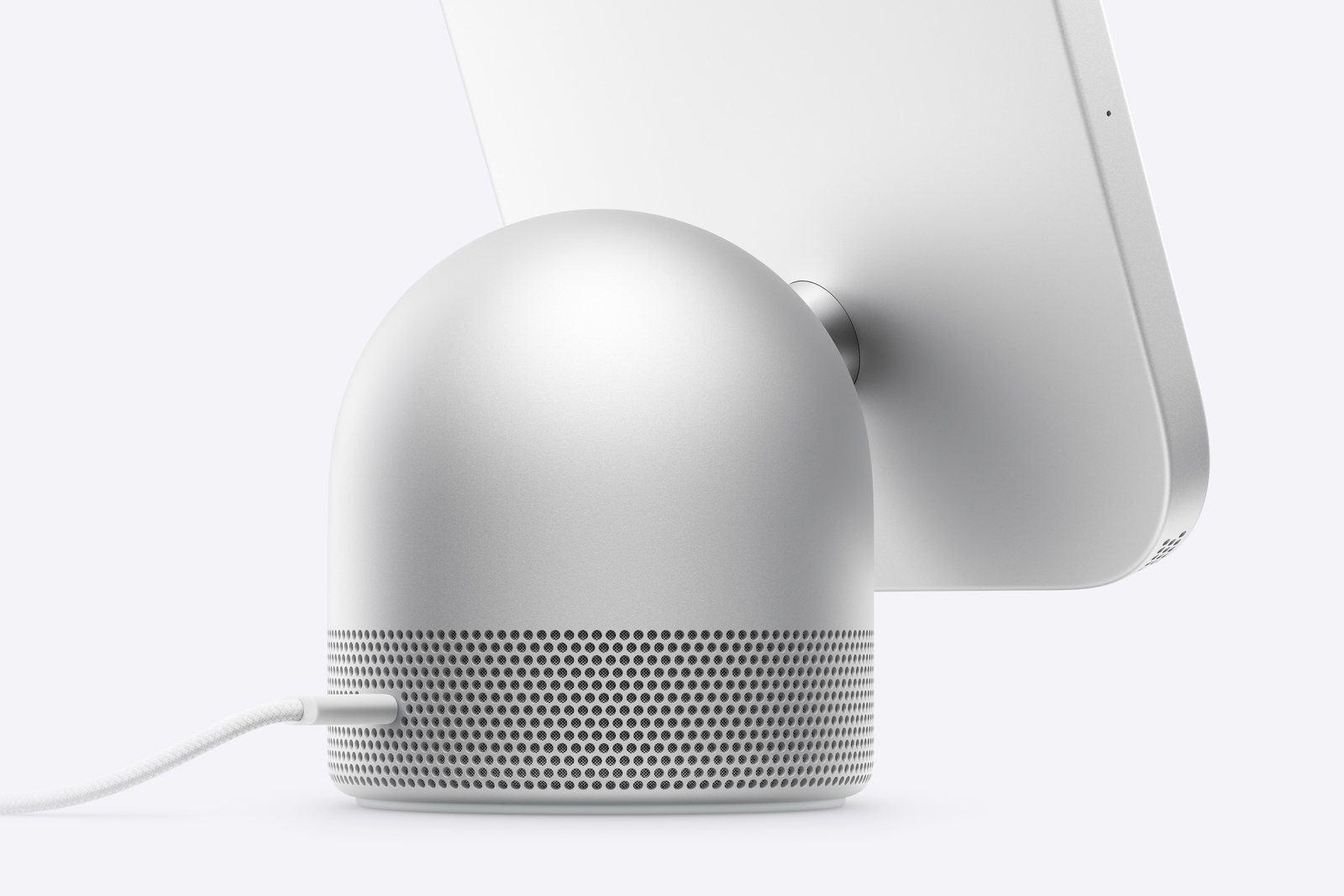 Rückseite des Apple HomeView mit Lautsprecherfuß und Anschluss