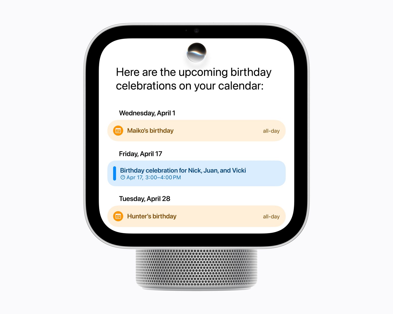 Siri AI ruft auf dem HomeView Informationen aus dem Kalender einer Person auf