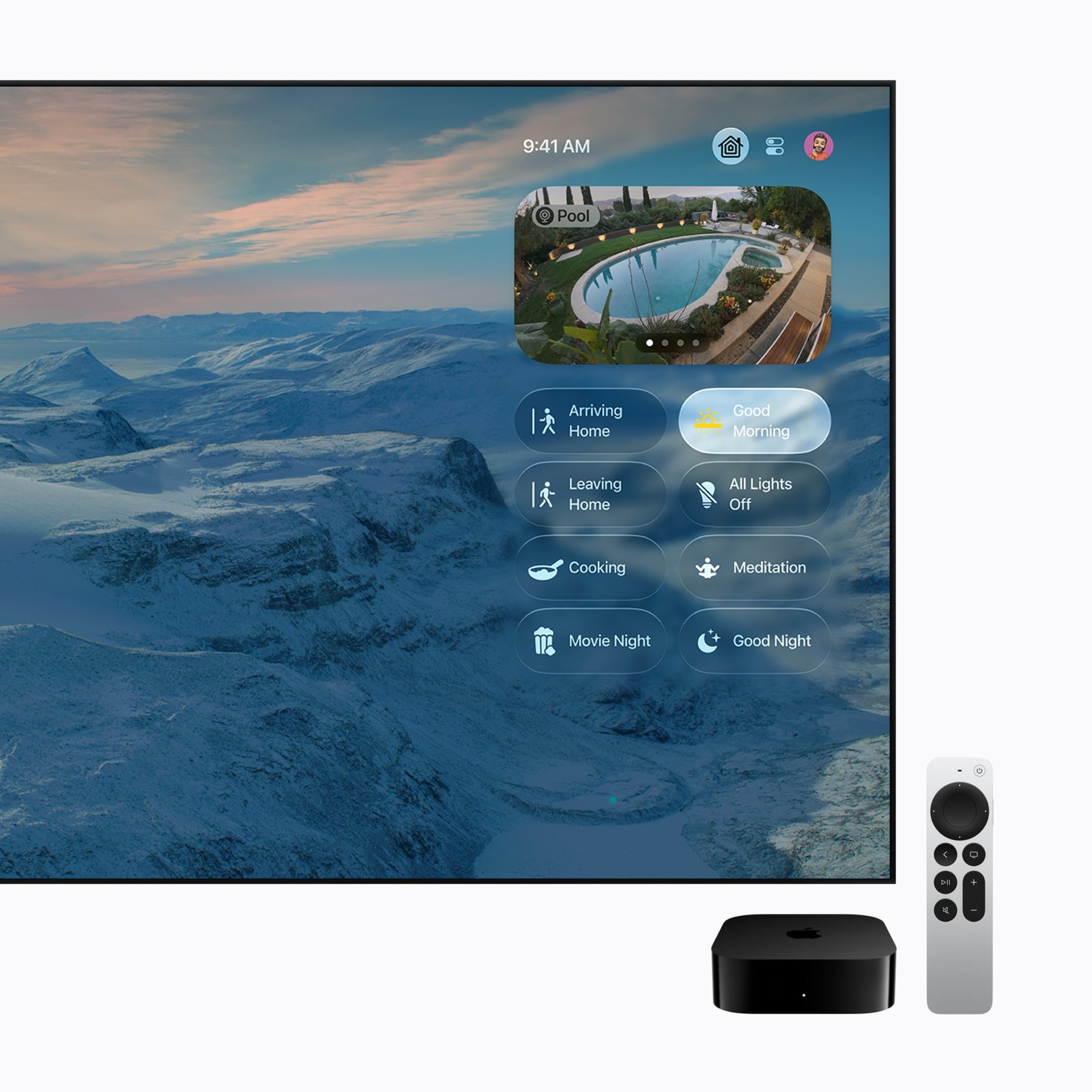 Apple TV 4K zeigt die Smart-Home-Steuerung mit Kameras und Zubehör