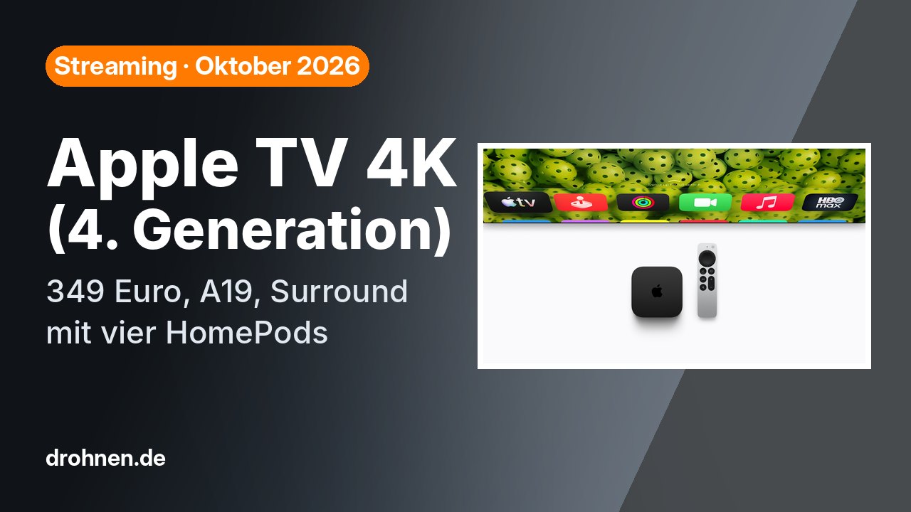 Titelgrafik Apple TV 4K 4. Generation mit 349 Euro, A19 und Surround mit vier HomePods