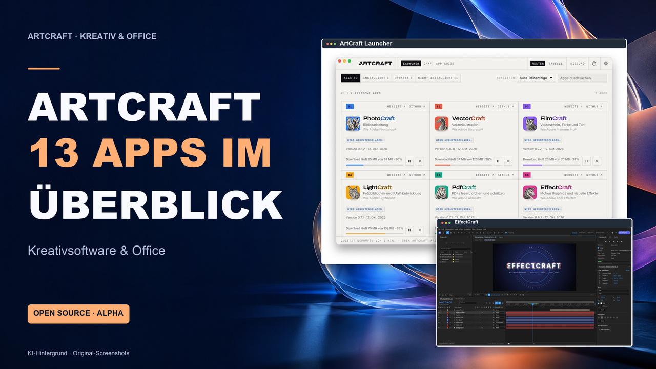 Titelgrafik ArtCraft 13 Apps im Überblick mit Launcher-Katalog und EffectCraft-Oberfläche