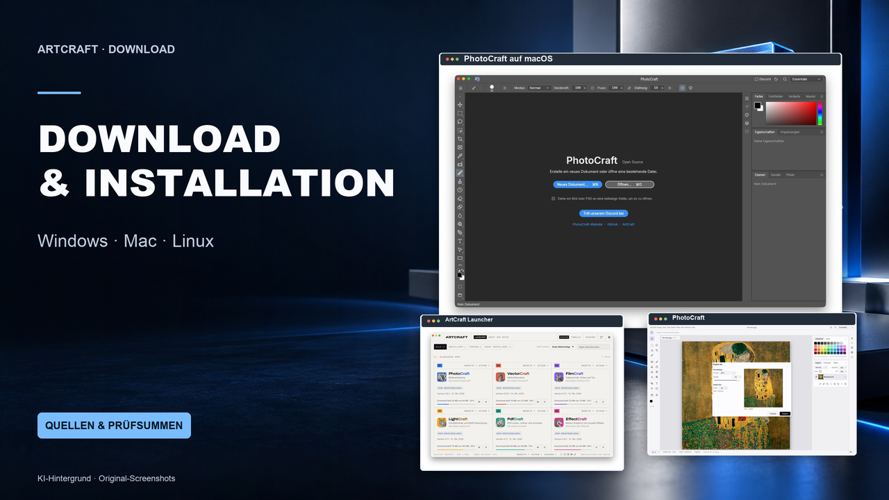 Titelgrafik ArtCraft Download und Installation für Windows, Mac und Linux mit PhotoCraft-Startbildschirm und Launcher