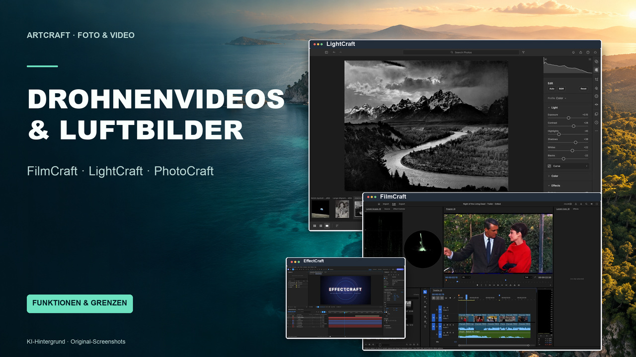 Titelgrafik Drohnenvideos und Luftbilder bearbeiten mit FilmCraft, LightCraft und PhotoCraft über einer Küstenlandschaft aus der Luft