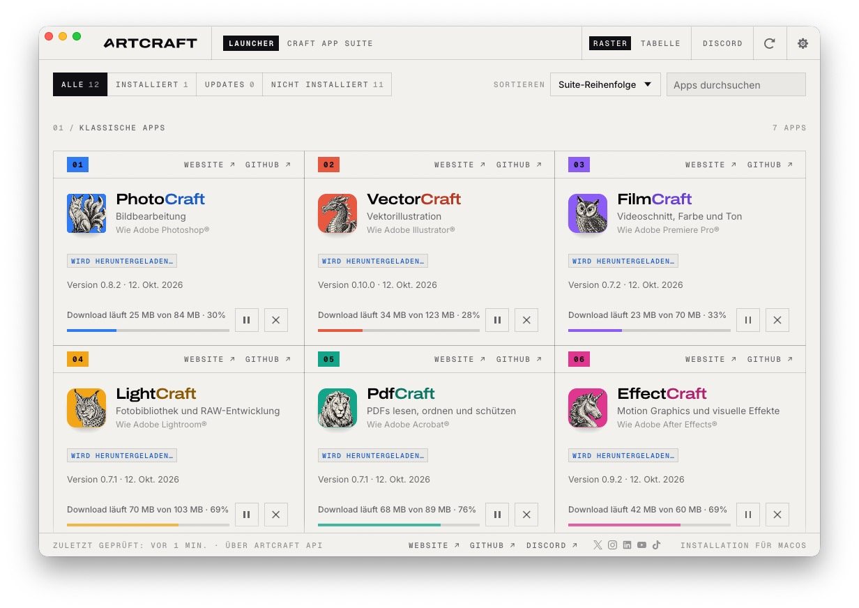 ArtCraft Launcher auf macOS mit PhotoCraft, VectorCraft, FilmCraft, LightCraft, PdfCraft und EffectCraft im Download