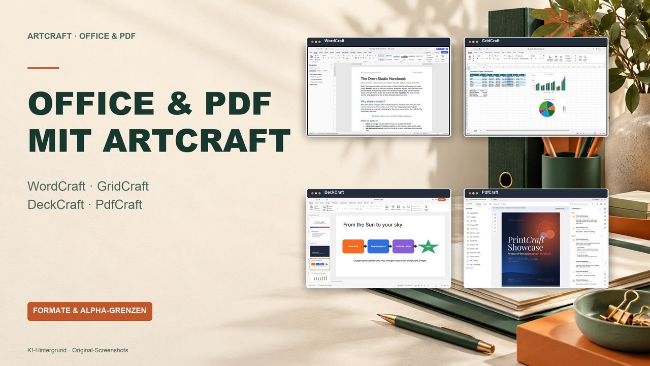 Titelgrafik ArtCraft Office- und PDF-Alternativen WordCraft, GridCraft, DeckCraft und PdfCraft