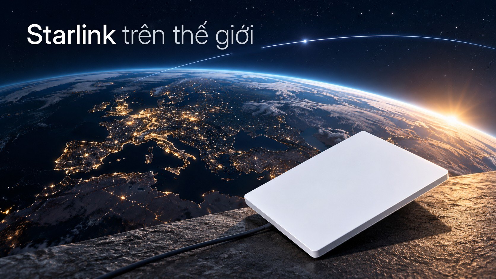 Starlink Mini trước hình Trái Đất về đêm, kèm một vệt quỹ đạo mờ trong hình minh họa biên tập.