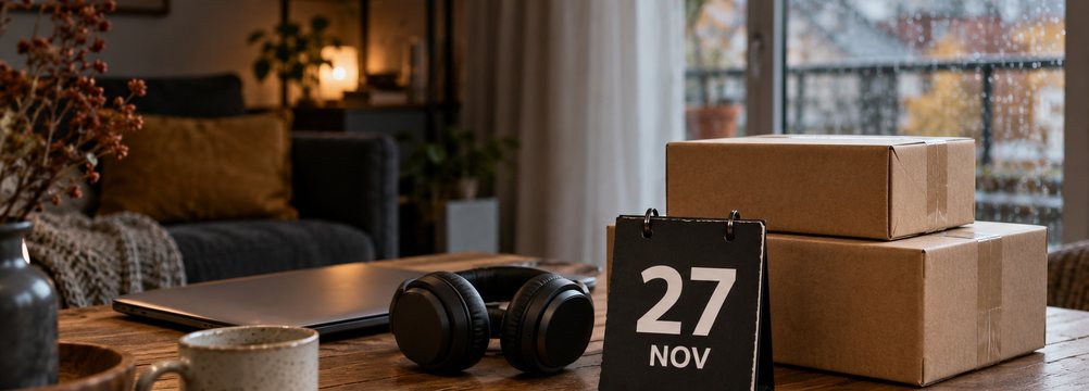 KI-Illustration: Kalenderkarte mit 27 NOV neben Kopfhörern, Laptop und Versandkartons auf einem Holztisch
