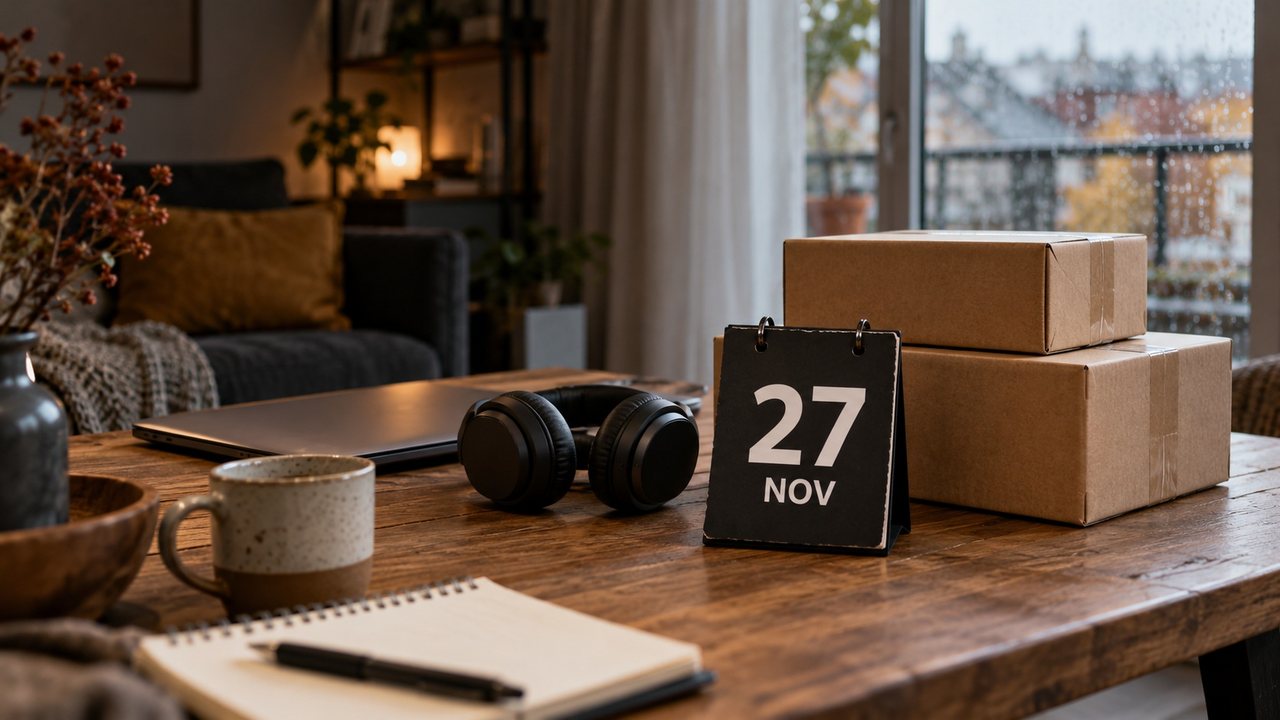 KI-Illustration: Kalenderkarte mit 27 NOV neben Kopfhörern, Laptop und Versandkartons auf einem Holztisch