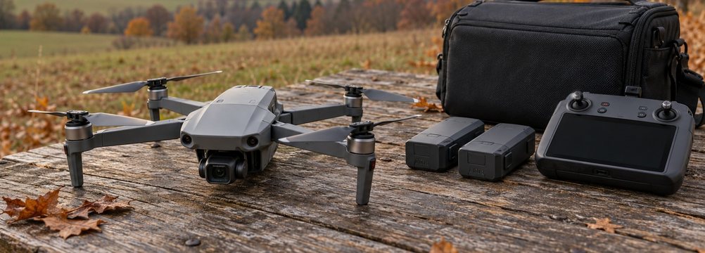 KI-Illustration: generische graue Kameradrohne mit Controller, zwei Akkus und Tasche auf einem Holztisch vor herbstlicher Landschaft