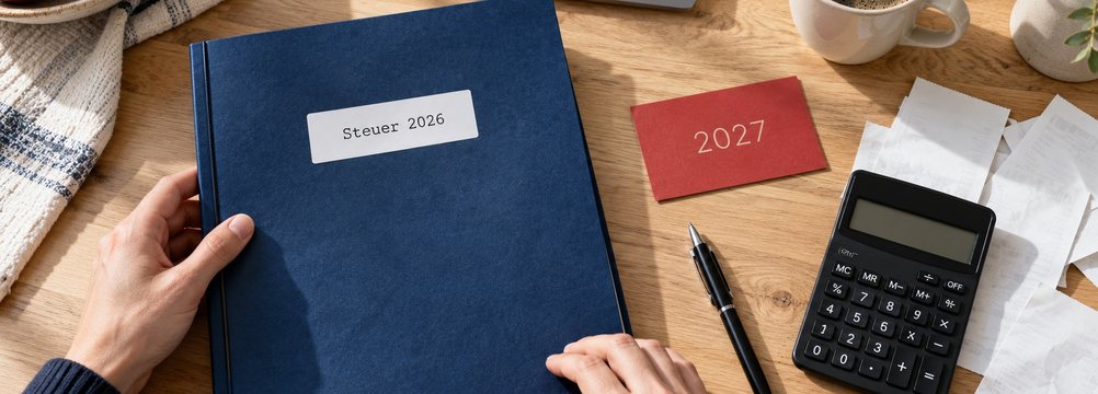 KI-Illustration: Hände halten eine blaue Mappe mit der Aufschrift Steuer 2026, daneben eine Karte mit 2027, Taschenrechner und Laptop