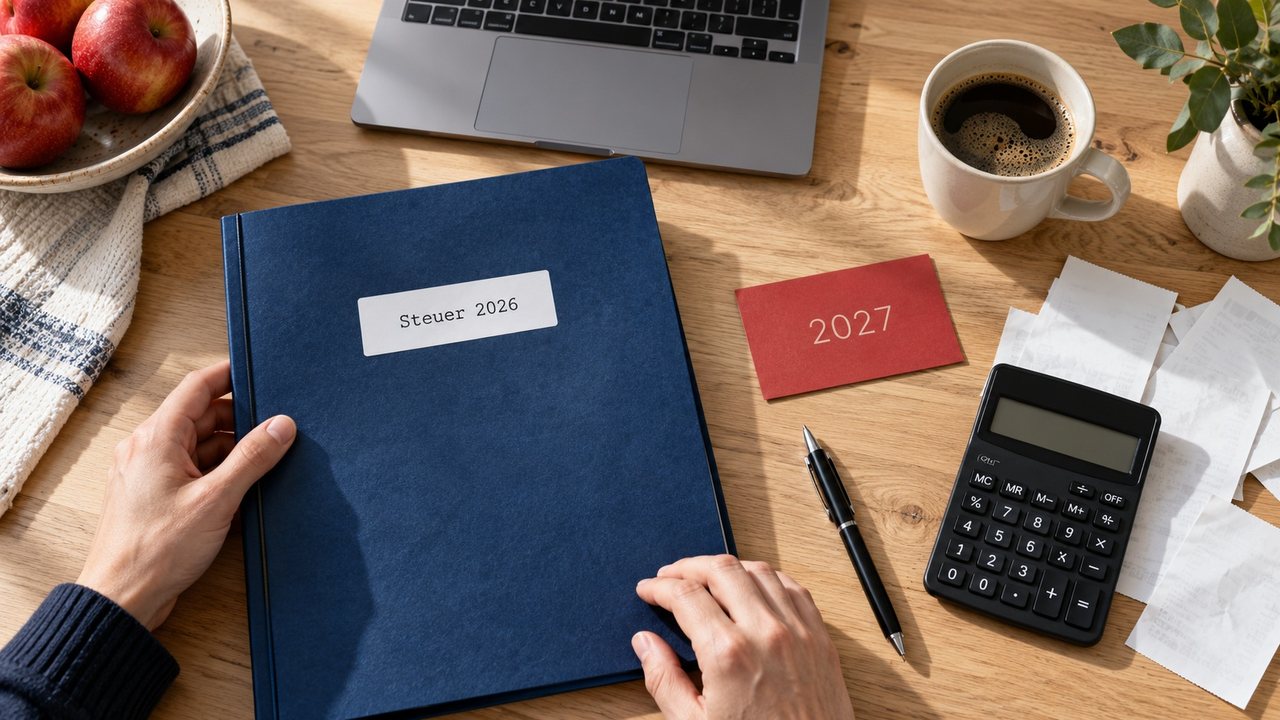 KI-Illustration: Hände halten eine blaue Mappe mit der Aufschrift Steuer 2026, daneben eine Karte mit 2027, Taschenrechner und Laptop