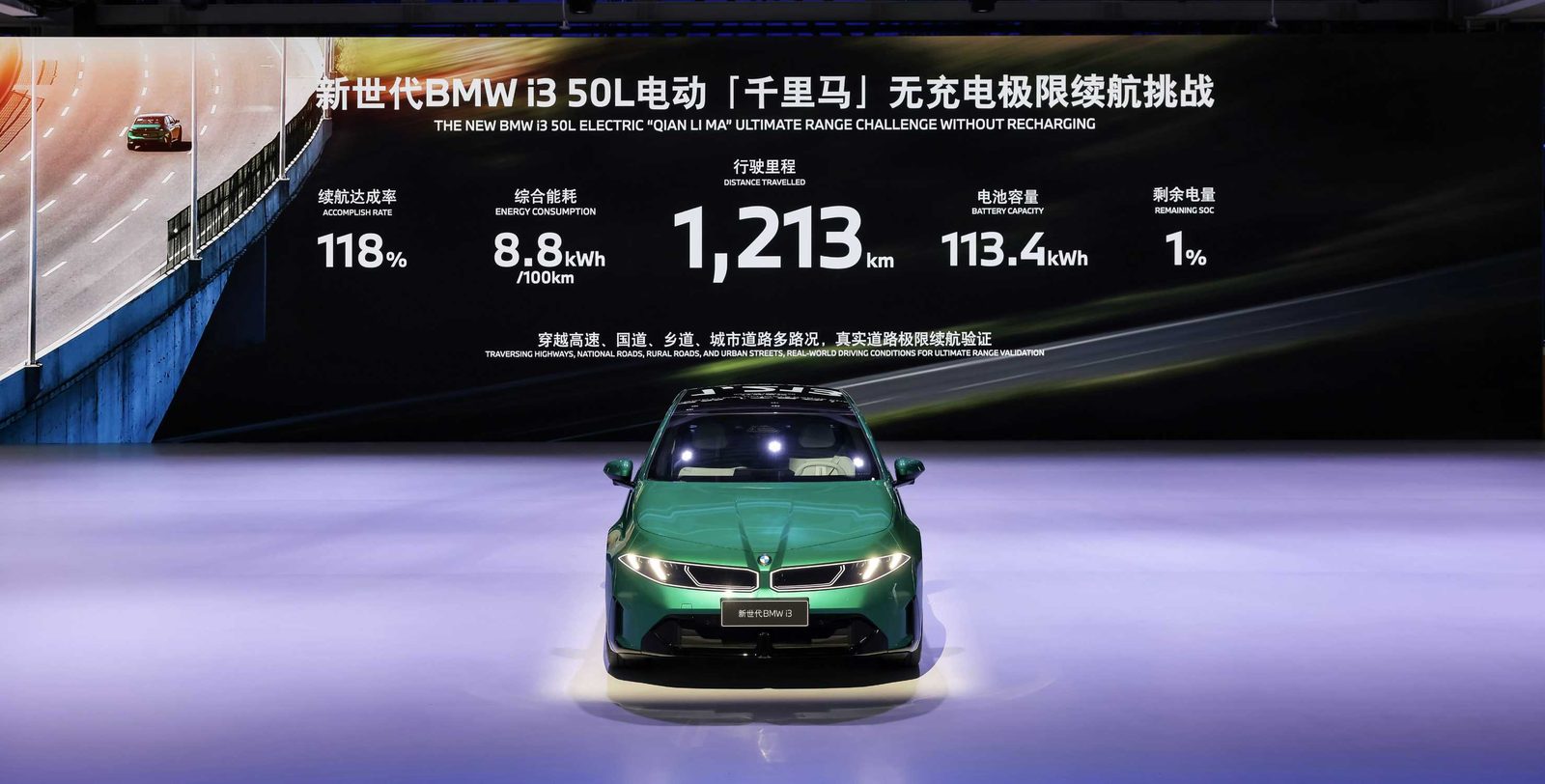 Grüner BMW i3 50L auf einer Bühne in Shenyang, dahinter eine Leinwand mit den Testwerten 1.213 km, 8,8 kWh pro 100 km, 113,4 kWh, 118 Prozent und 1 Prozent Restladung