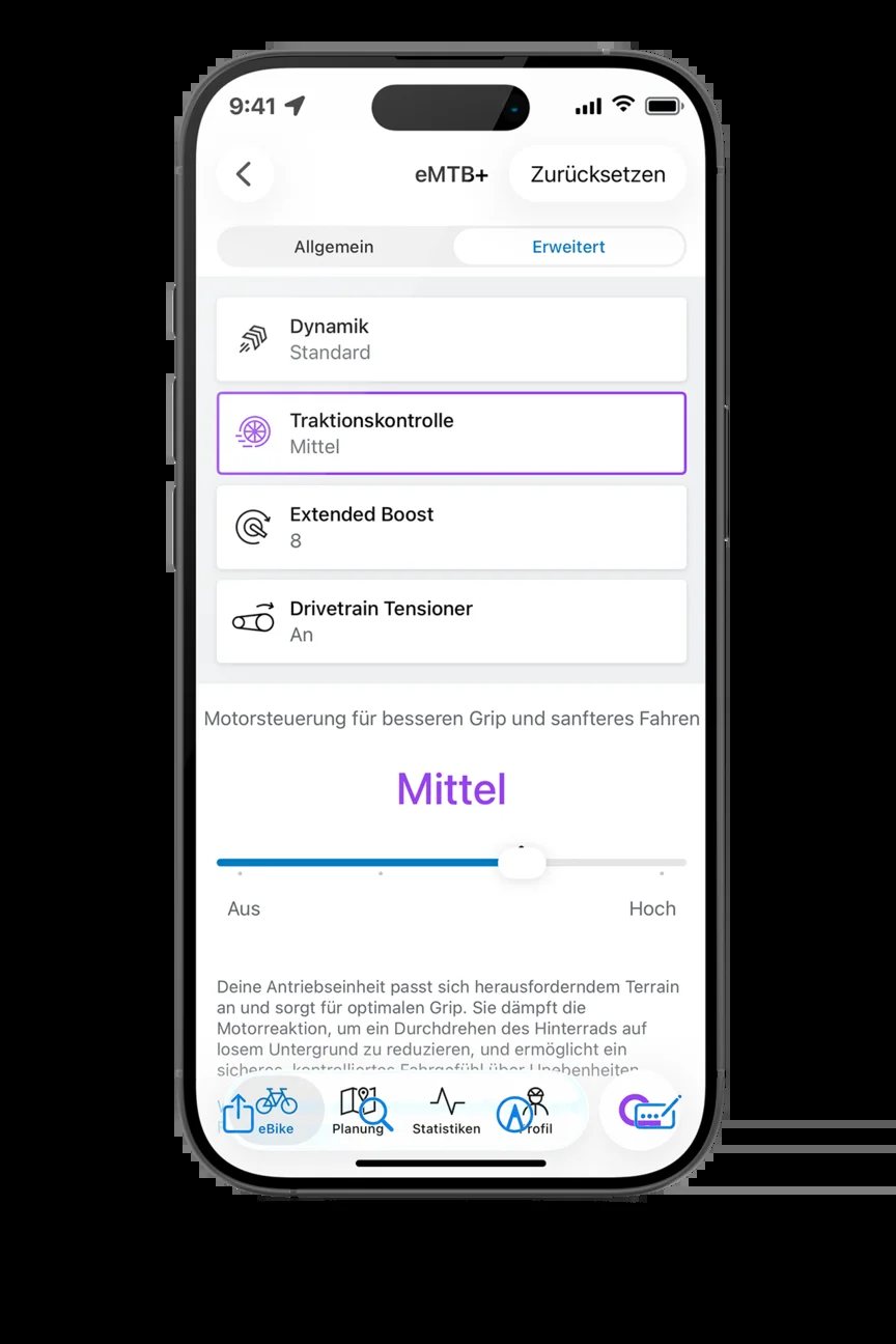 Smartphone mit geöffneter Traktionskontroll-Einstellung in der Bosch eBike Flow App