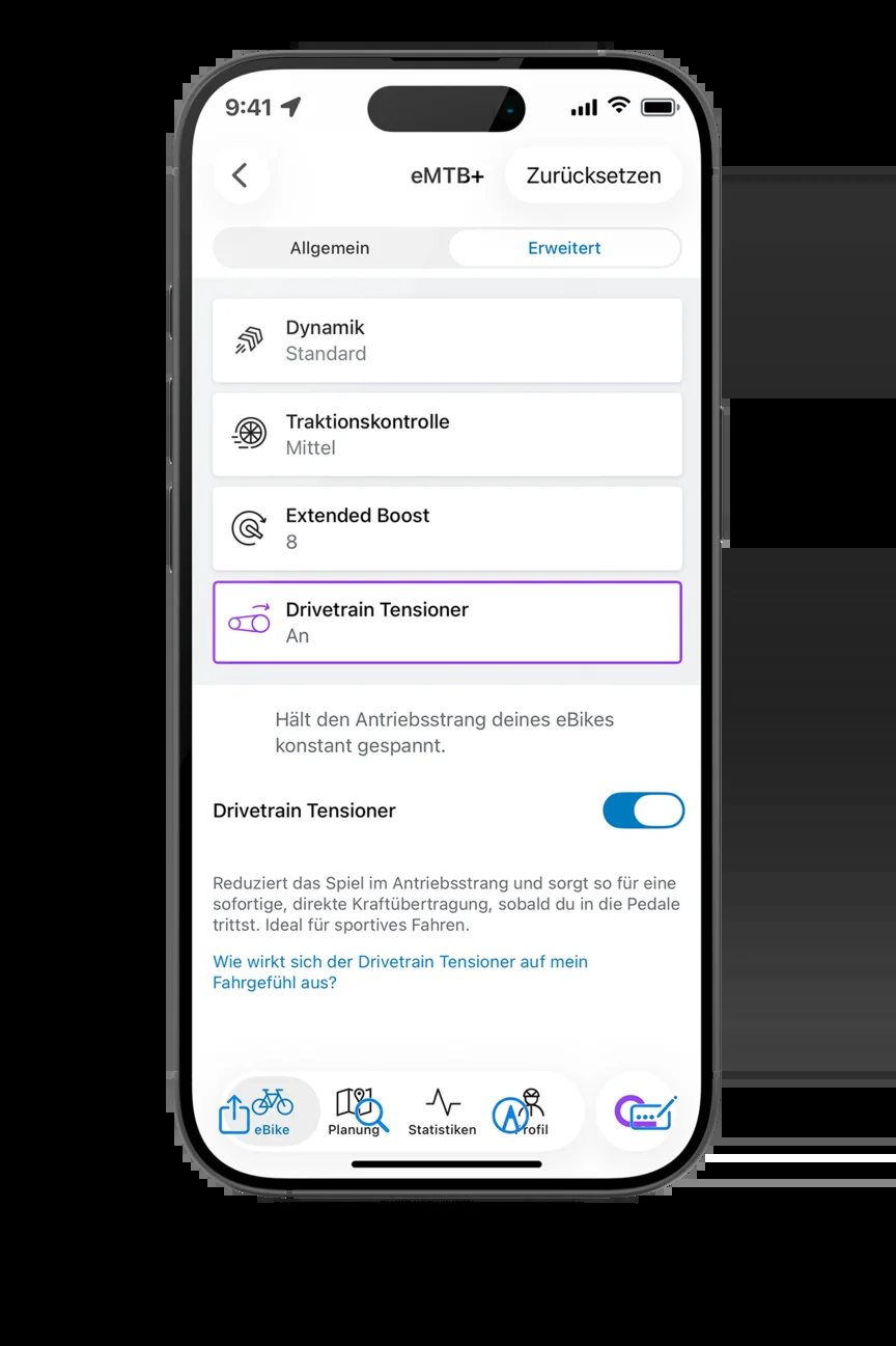 Smartphone mit Drivetrain-Tensioner-Schalter in der Bosch eBike Flow App