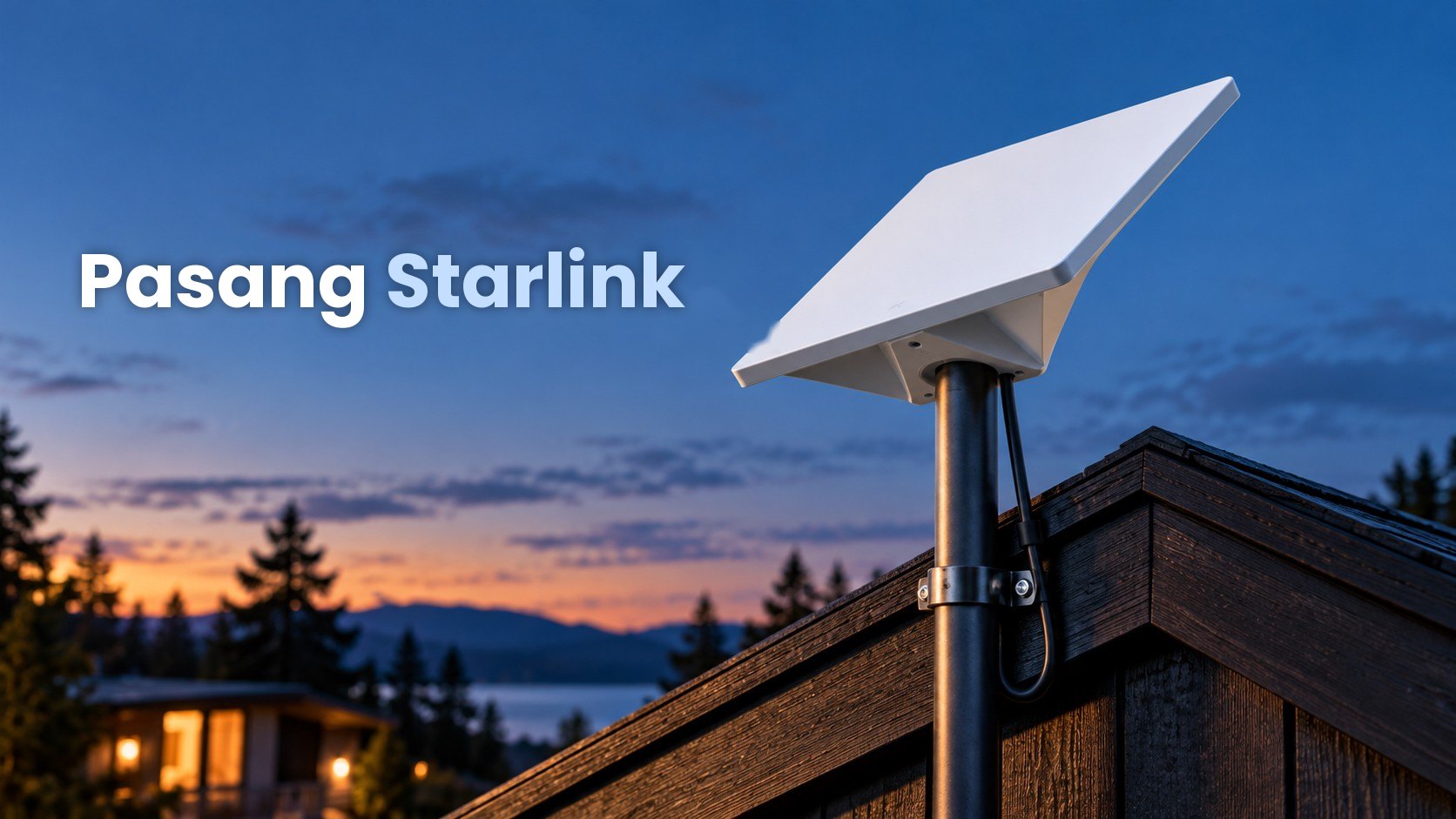 Starlink Mini terpasang pada tiang logam dengan adaptor segitiga dan kabel yang dirapikan.