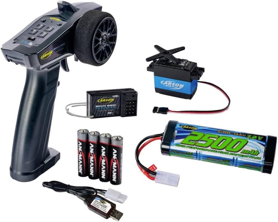 Carson Reflex Start-Set mit Pistolengriff-Sender, Empfänger, Lenkservo, 7,2-Volt-Akku, USB-Ladekabel und AAA-Batterien