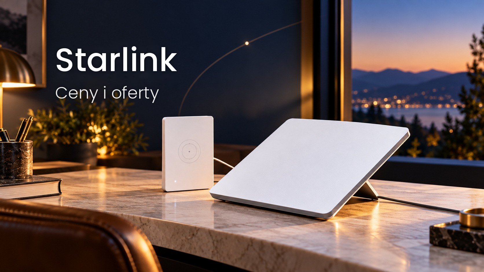 Antena i router Starlink na jasnym drewnianym biurku przed oknem z widokiem na wiejski krajobraz.