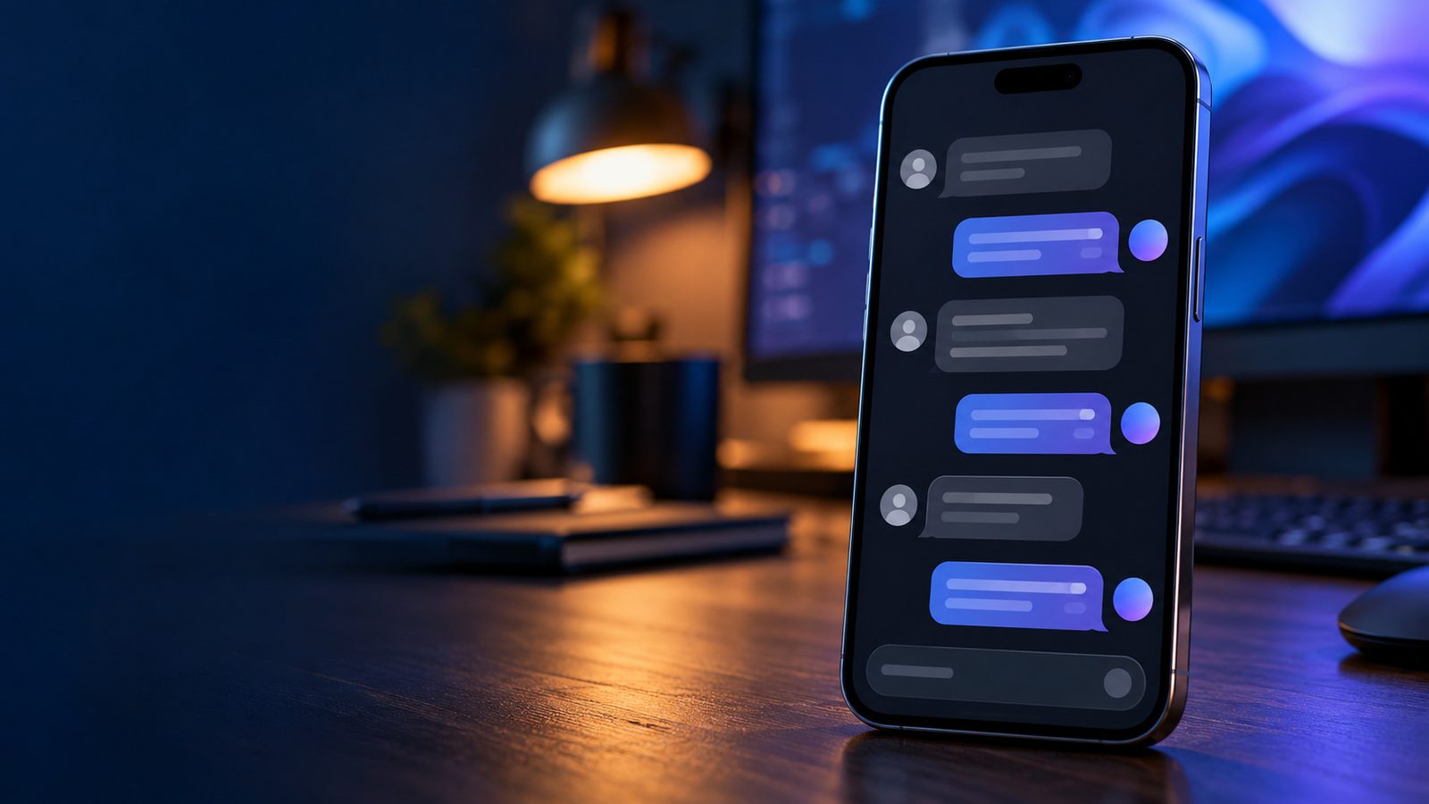 Symbolbild eines Smartphones mit Chatverlauf auf einem Schreibtisch in bläulichem Abendlicht
