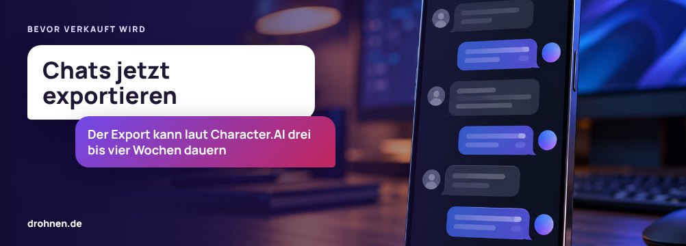 Banner mit Sprechblasen: Chats jetzt exportieren. Der Export kann laut Character.AI drei bis vier Wochen dauern