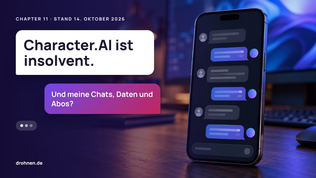 Grafik mit Sprechblasen: Character.AI ist insolvent. Und meine Chats, Daten und Abos? Daneben ein Smartphone mit Chatverlauf