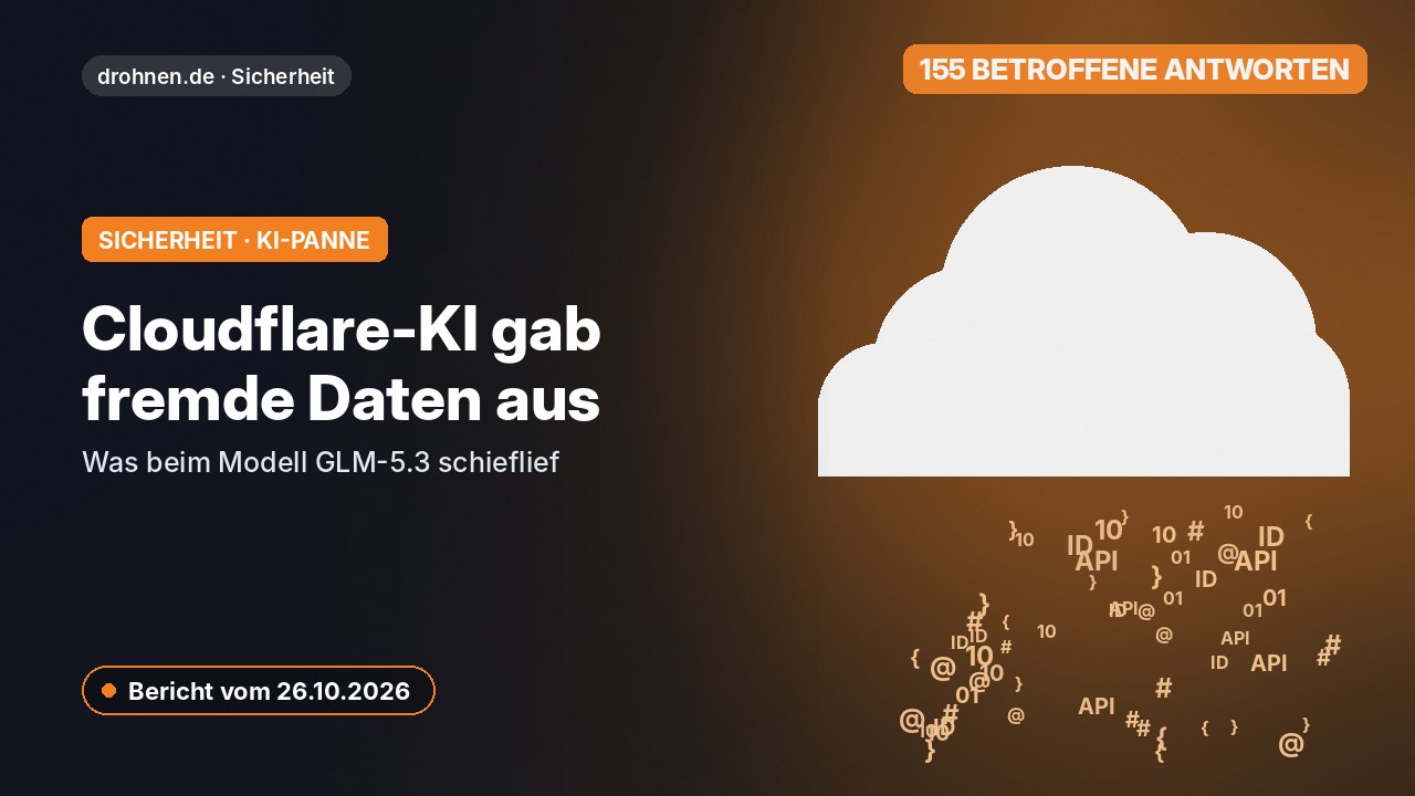 Headergrafik zur Cloudflare-KI-Datenpanne mit Serverschema und Hinweis auf 155 betroffene Antworten beim Modell GLM-5.3