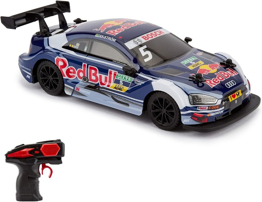 Ferngesteuerter Audi RS5 DTM im Maßstab 1:24 in blauer Rennlackierung mit roter Fernsteuerung