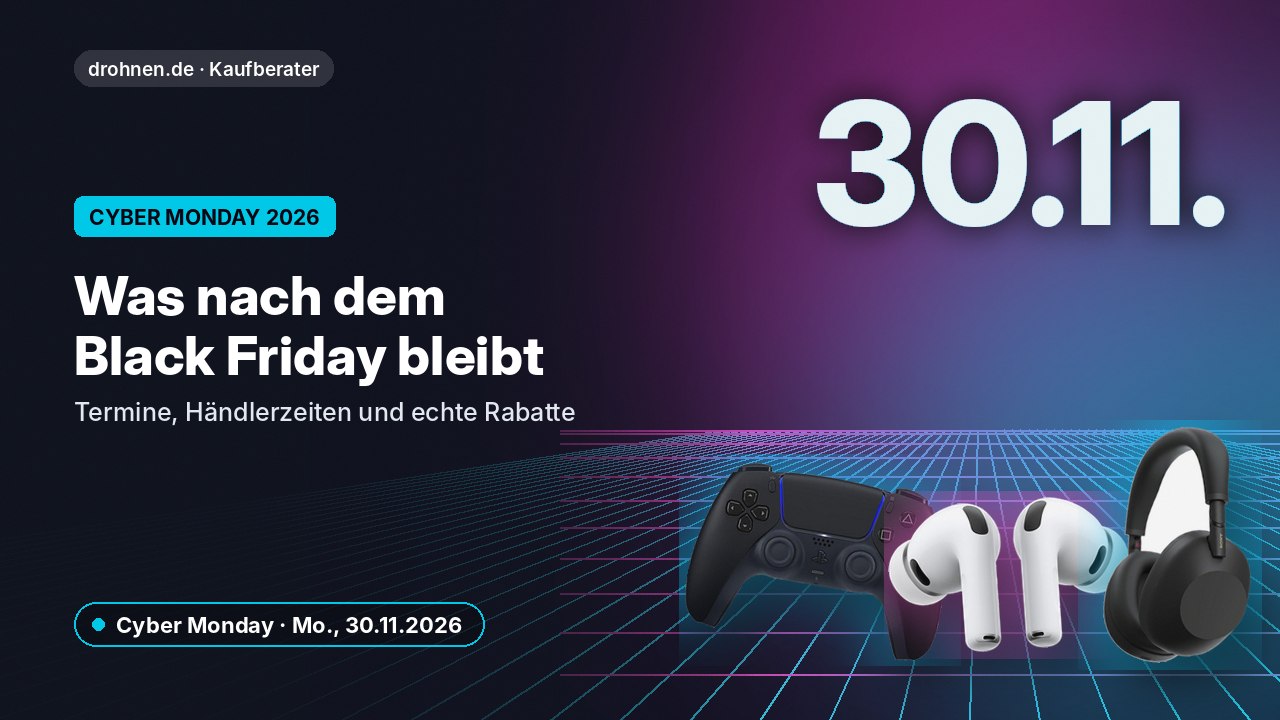 Grafik zum drohnen.de-Kaufberater: Cyber Monday 2026 am 30. November – Termine, Händlerzeiten und echte Rabatte, mit Produktbildern