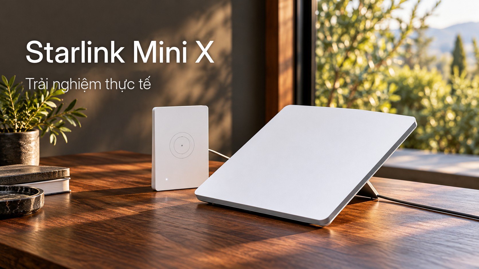 Ăng-ten Starlink Mini và Router Mini riêng biệt trong một bố cục minh họa sáng sủa.