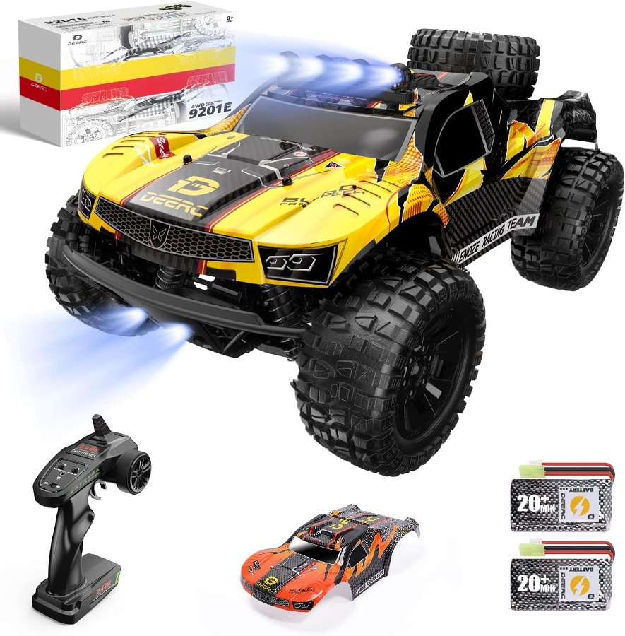Gelber DEERC 9201E 1:10 RC-Truck mit leuchtenden LEDs, Fernsteuerung, zweiter Karosserie und zwei Akkus