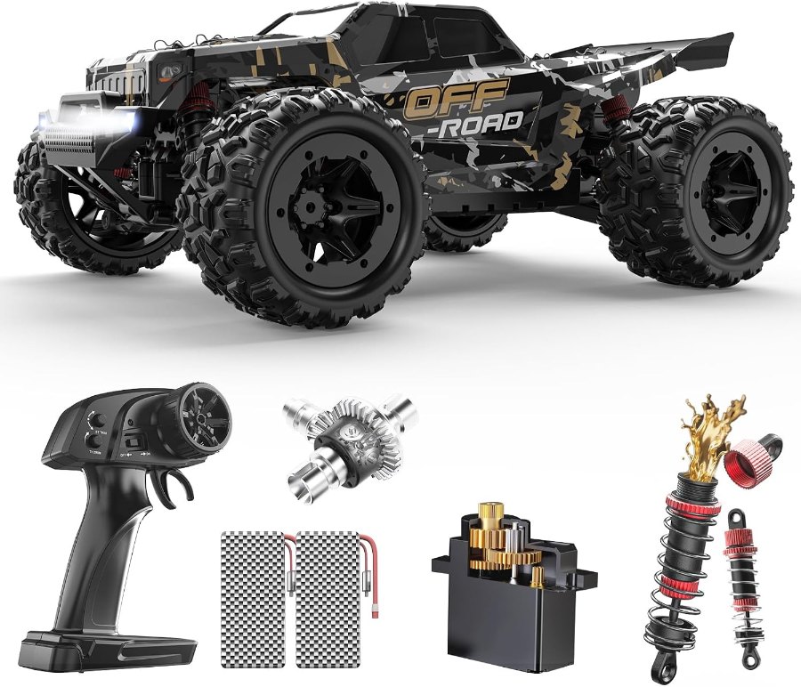 Schwarz-goldener DEERC 9309E 1:16 Offroad-Truck mit Fernsteuerung, Akkus, Servo, Differenzial und Stoßdämpfern