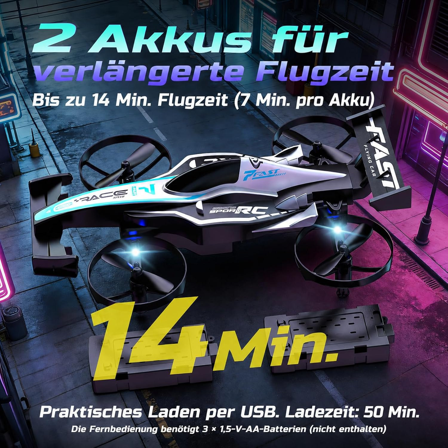 Grafik der DEERC HT35 mit zwei Akkus, Angabe 14 Minuten Flugzeit und 50 Minuten Ladezeit per USB