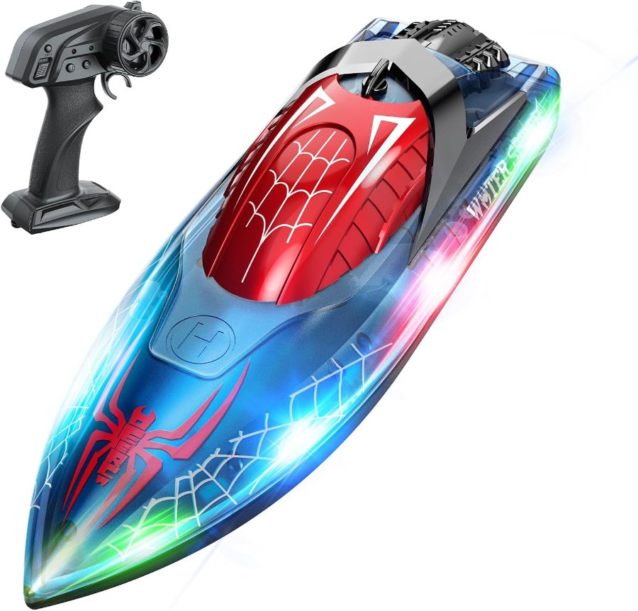 DEERC RC-Boot mit Spinnen-Grafik, LED-Beleuchtung und Fernsteuerung