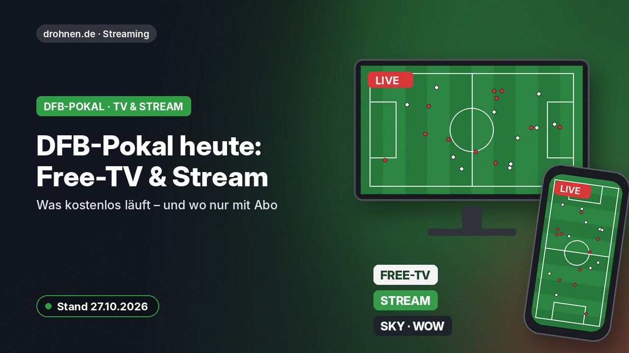 Grafik zum DFB-Pokal: Fernseher und Smartphone zeigen ein Fußballfeld mit Live-Hinweis, dazu Free-TV und Stream