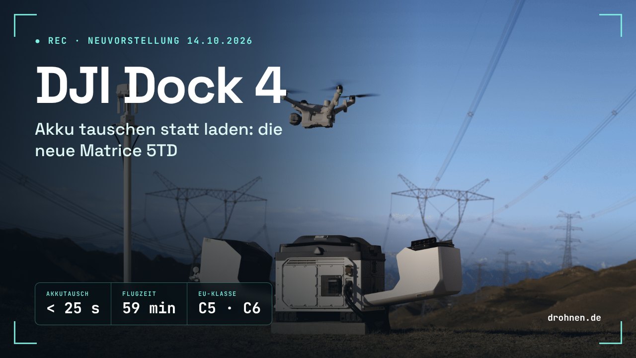 Grafik DJI Dock 4 mit Matrice 5TD an einer Stromtrasse, Akkutausch unter 25 Sekunden, 59 Minuten Flugzeit, EU-Klasse C5 und C6