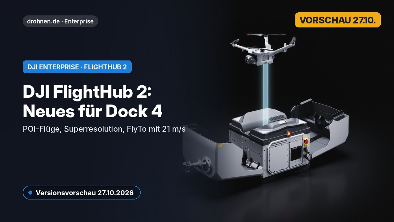 Headergrafik zur DJI-FlightHub-2-Vorschau mit Dock 4 und Matrice 5TD sowie POI, Superresolution und FlyTo mit 21 m/s